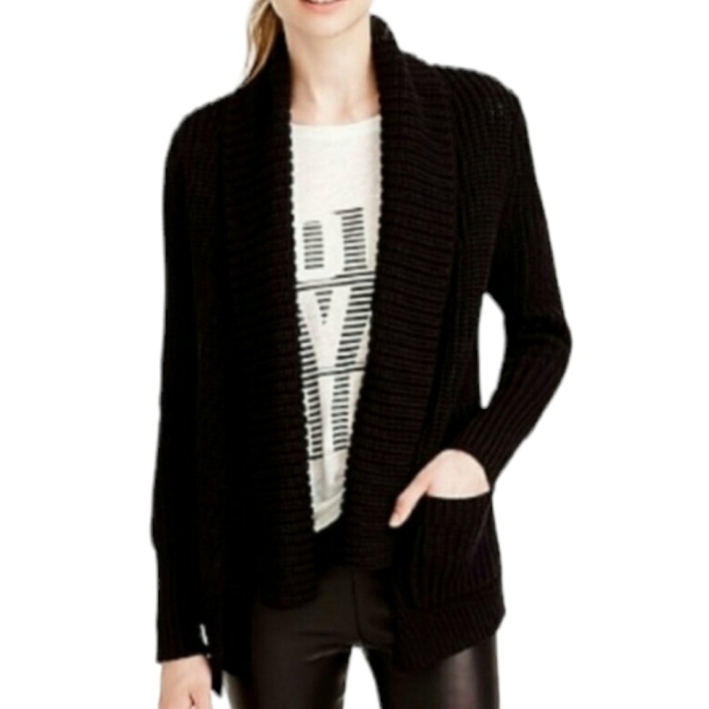 J Crew Rib Front Knit Open Cardigan Black Sz Large
